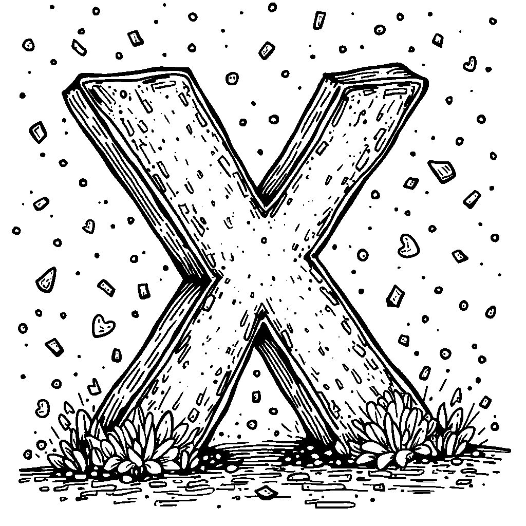 The letter X emerging from a cloud of confetti