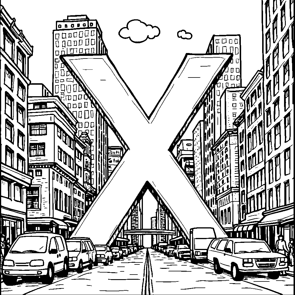 The letter X in the middle of a busy cityscape