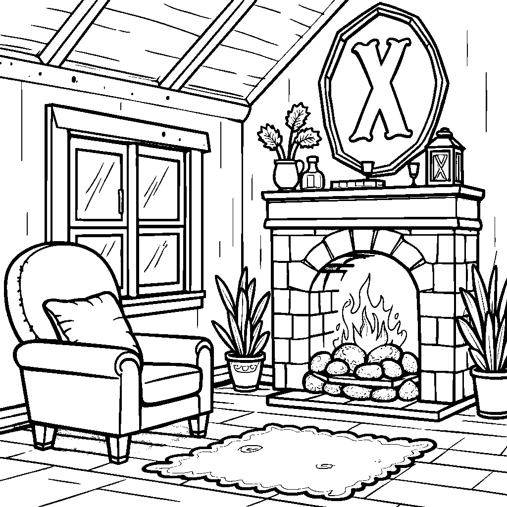 The letter X inside a cozy, cartoon house