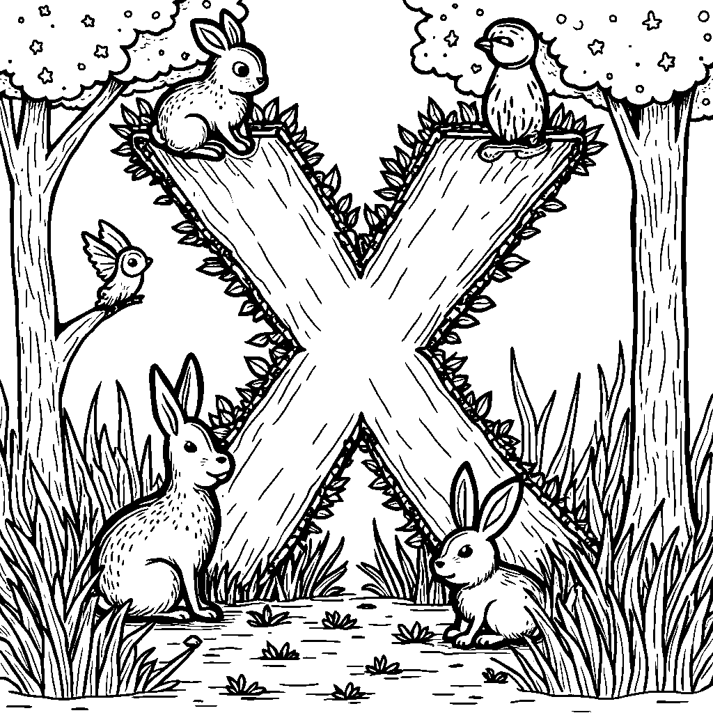 The letter X mingling with friendly woodland creatures