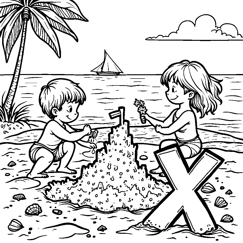 The letter X on a beach with sandcastles