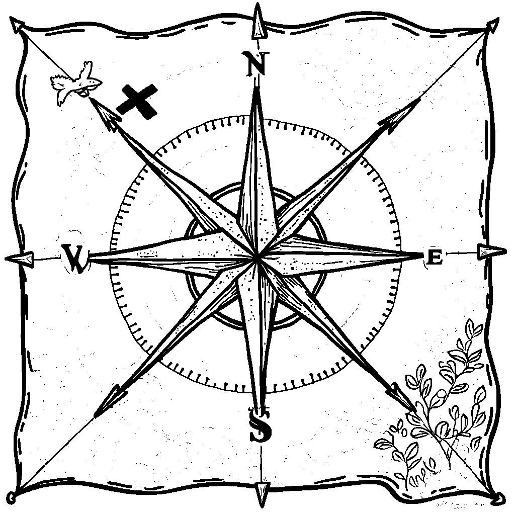 The letter X on a map with a compass