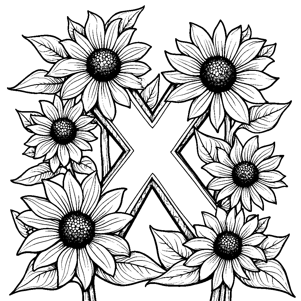 The letter X surrounded by cheerful sunflowers