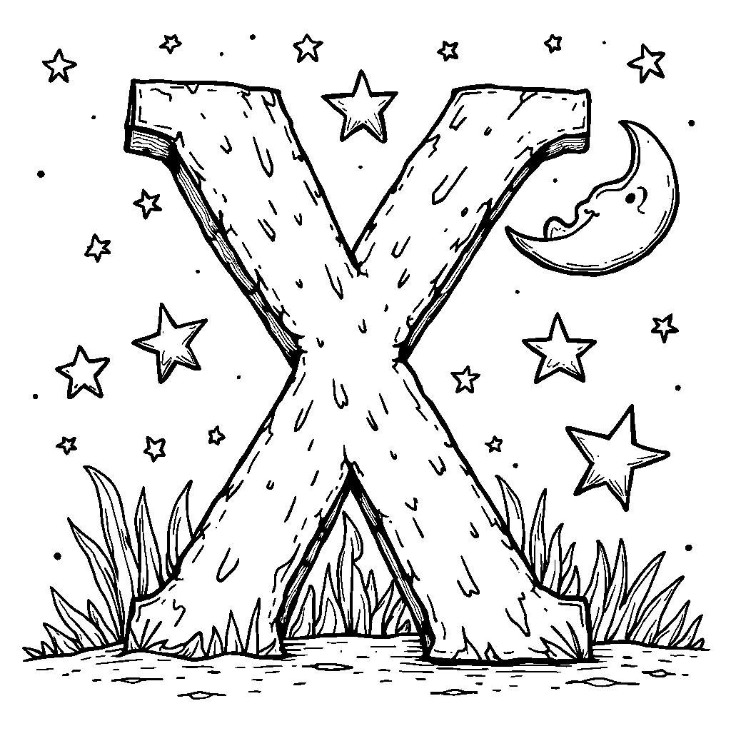 The letter X surrounded by stars and a moon