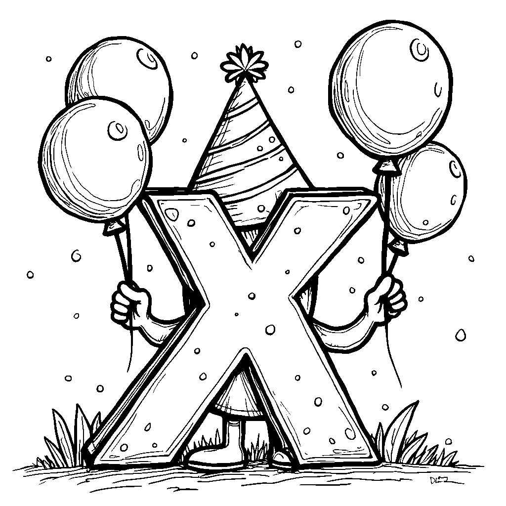 The letter X wearing a party hat and balloons