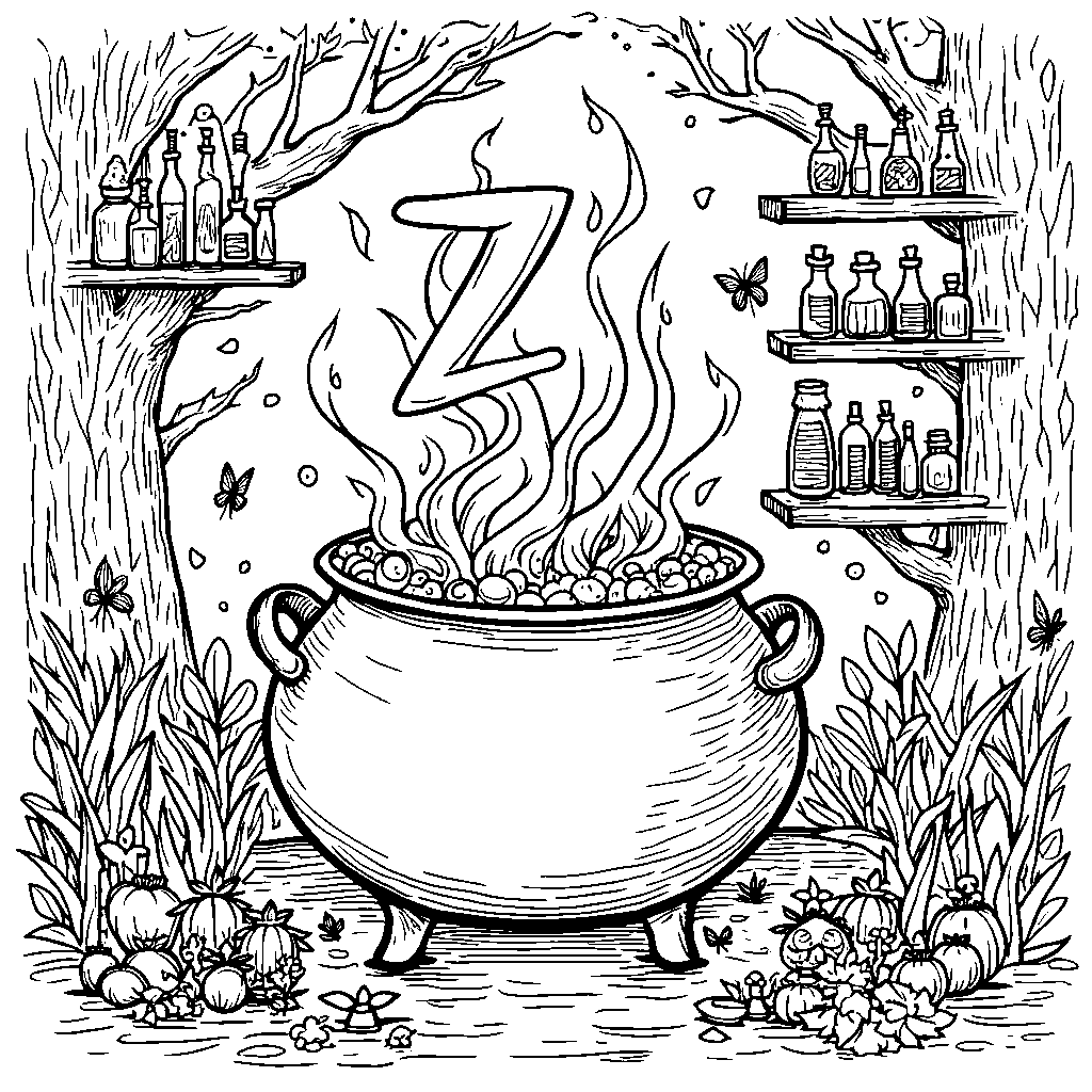 A bubbling cauldron with magical potions creating a letter Z steam