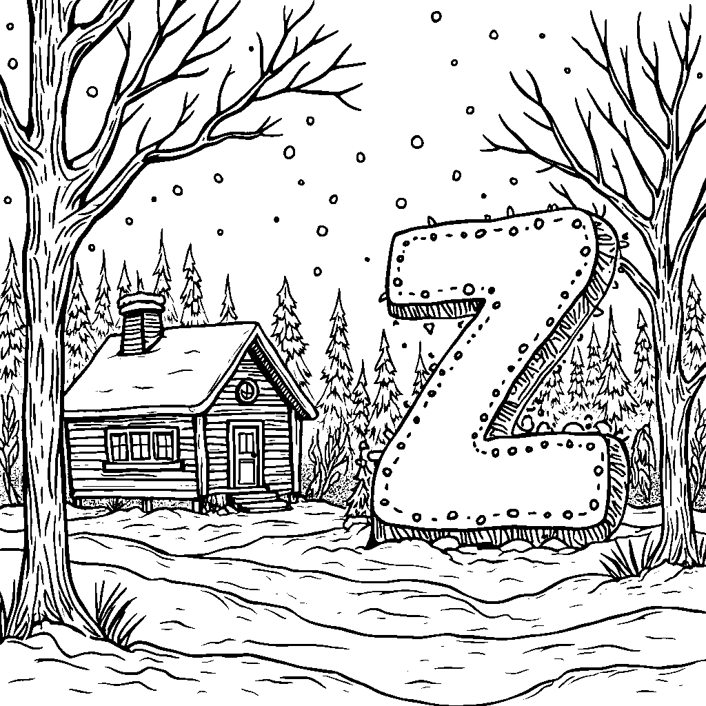 A cozy winter scene with a snowman shaped like a letter Z