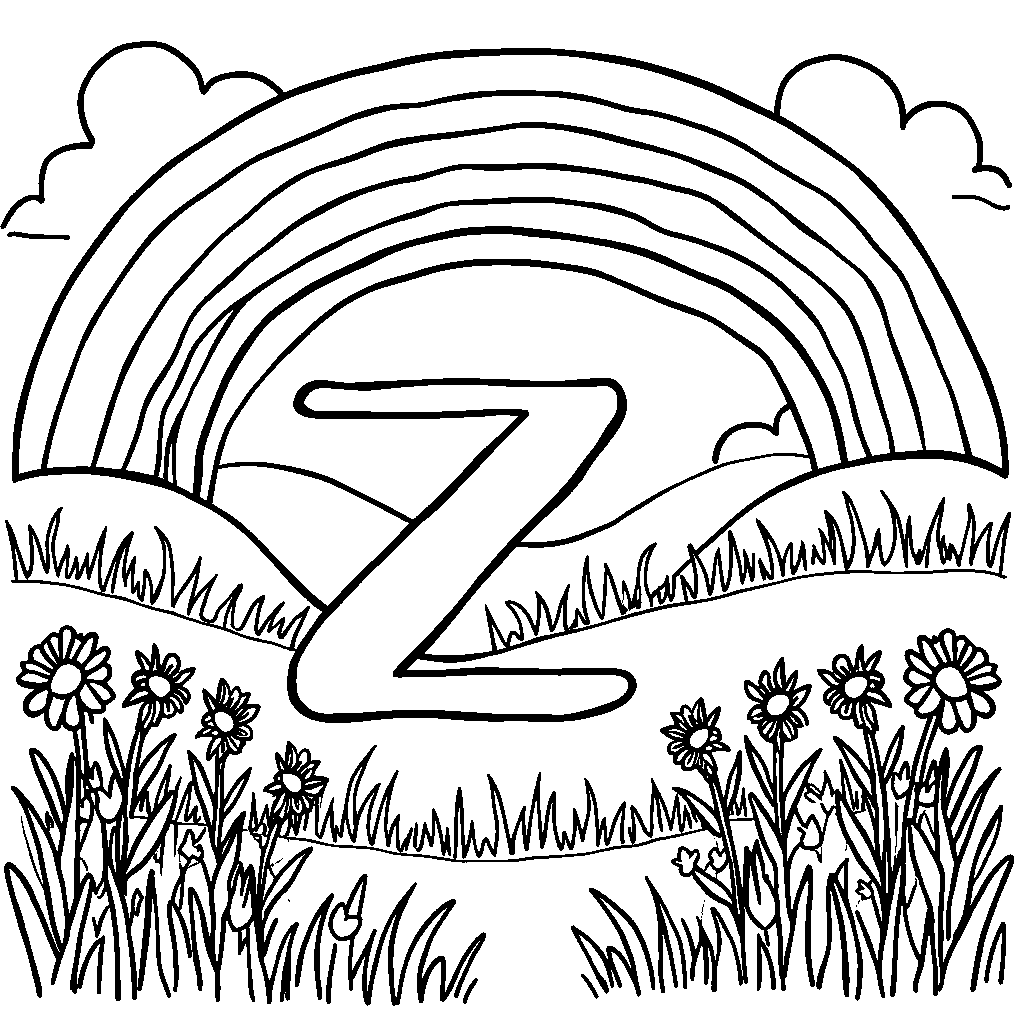 A dazzling rainbow arching over a meadow in the shape of a letter Z