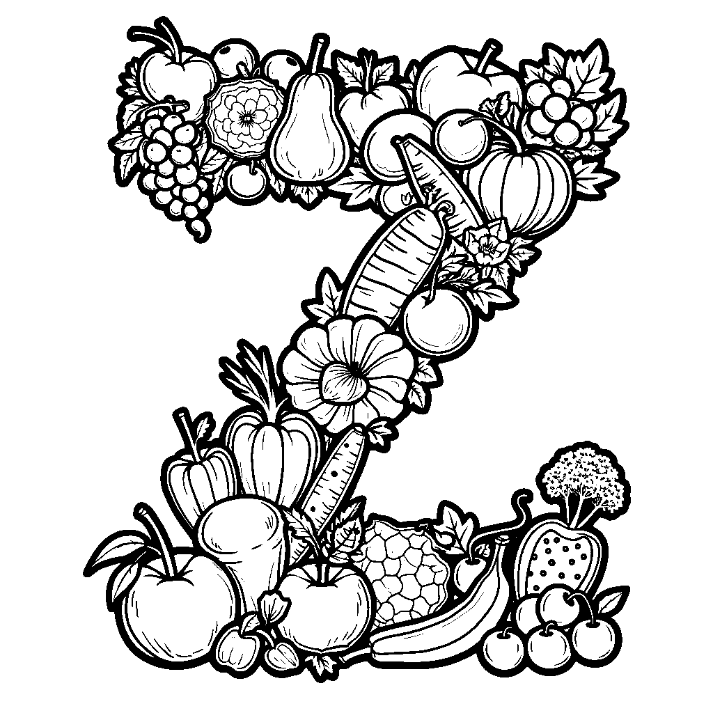 A letter Z adorned with different fruits and vegetables for a healthy theme