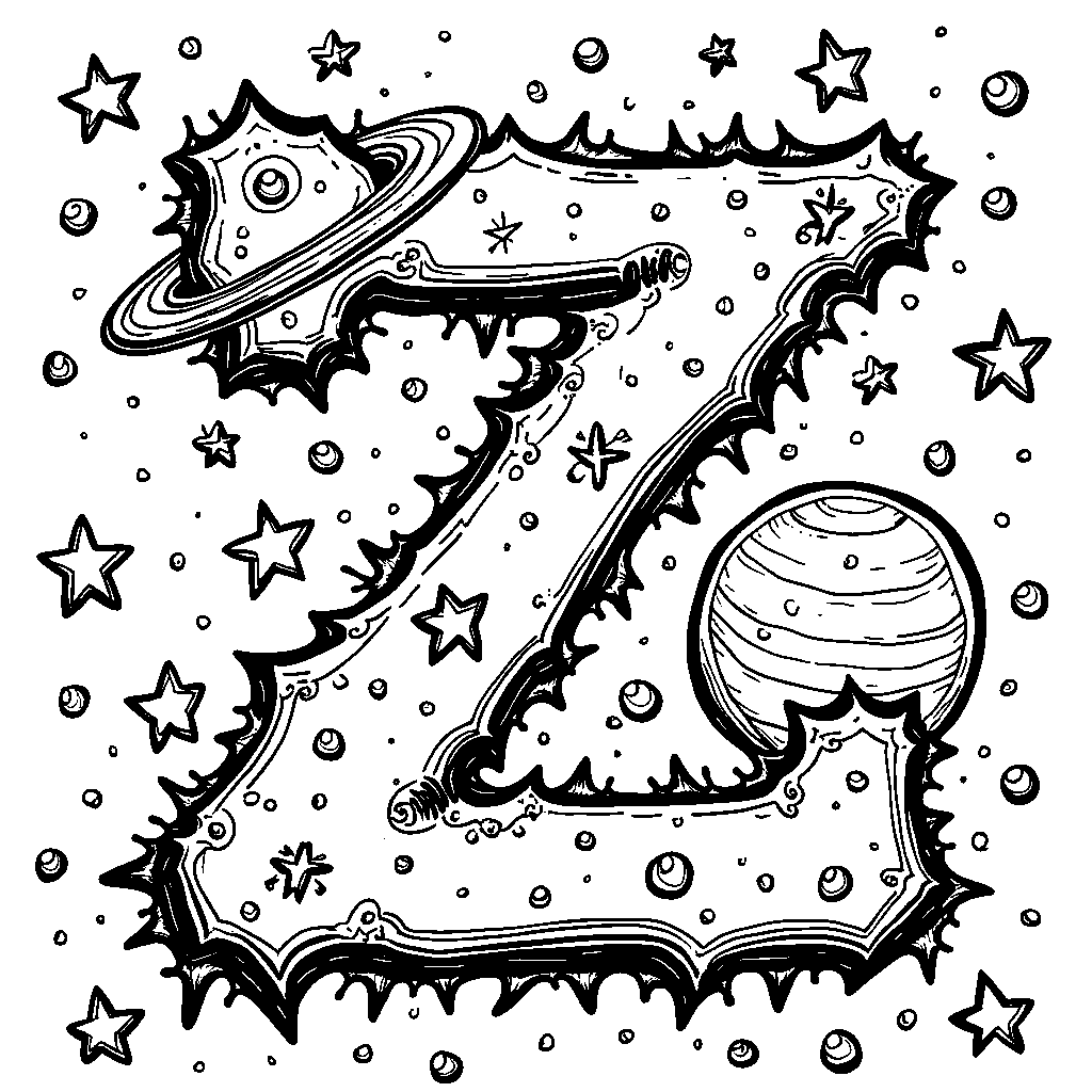 A letter Z decorated with stars and planets, set in outer space