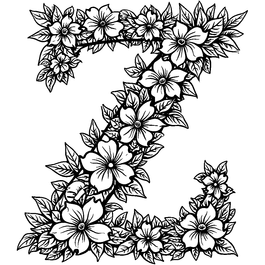 A letter Z made out of vibrant flowers and vines