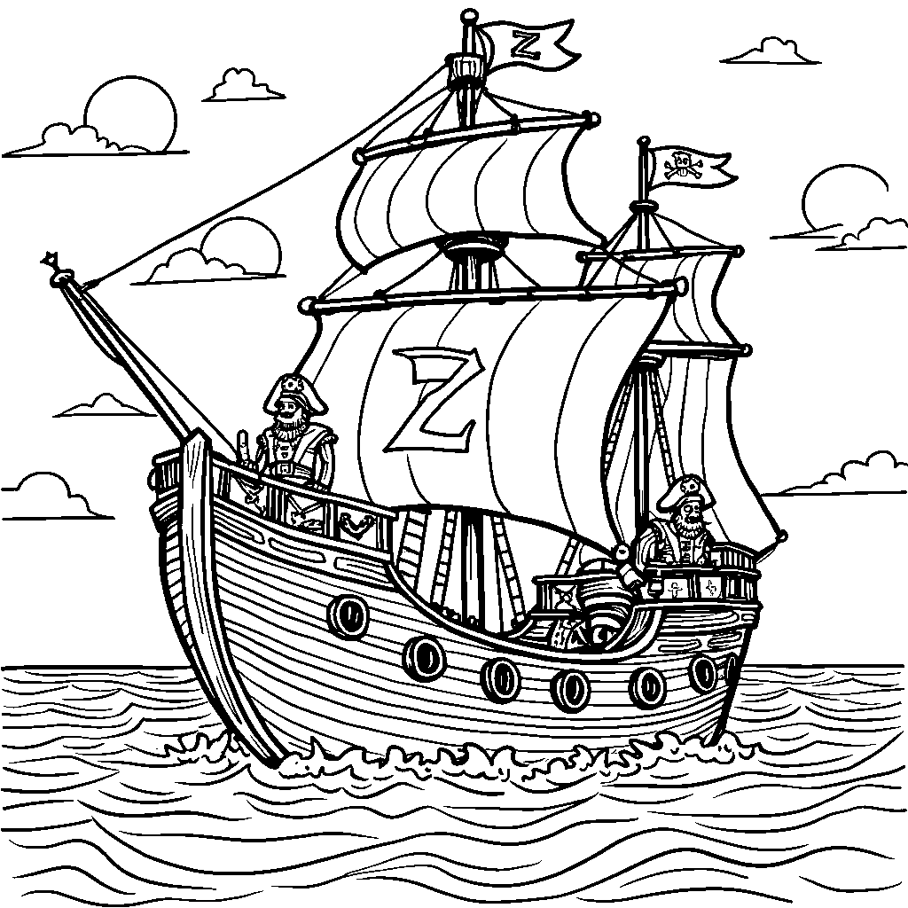 A pirate ship sailing on a sea with a letter Z flag waving high