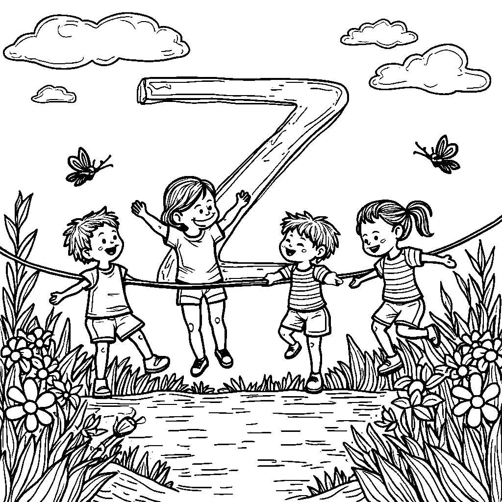 A playful garden scene where kids are jumping rope in the shape of a Z