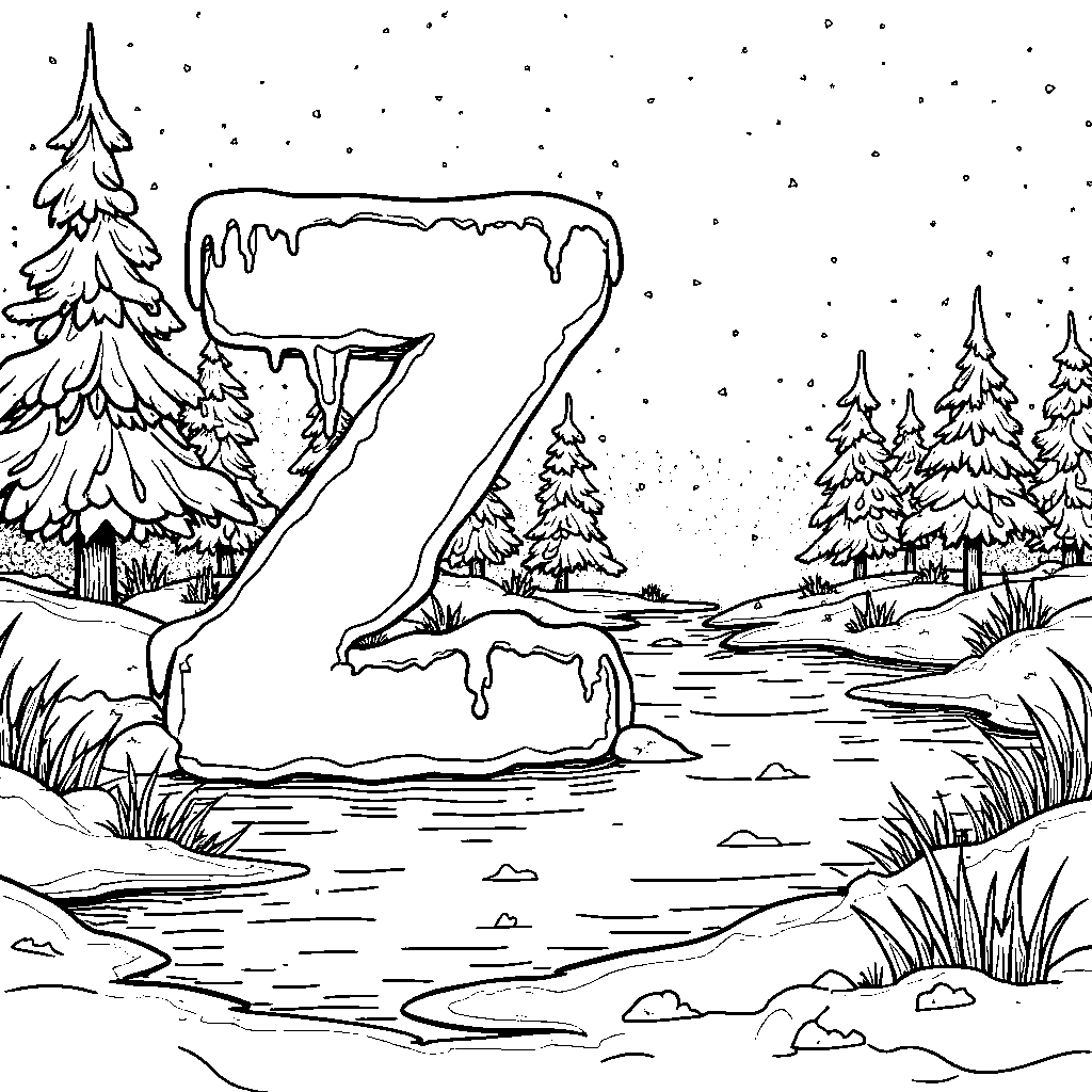 A snowy landscape with a frozen pond shaped like a big letter Z