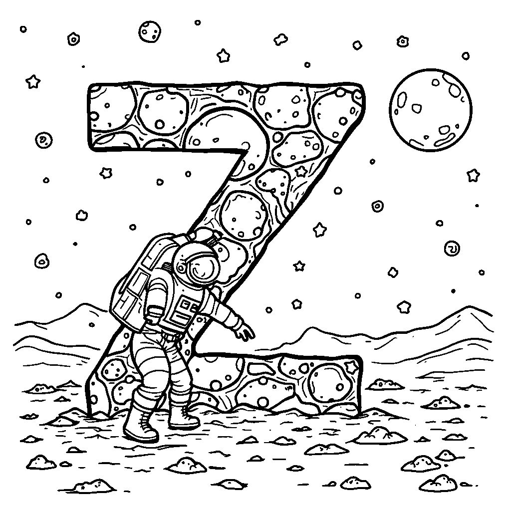 A spaceman on the moon forming the letter Z with footprints in the moon dust