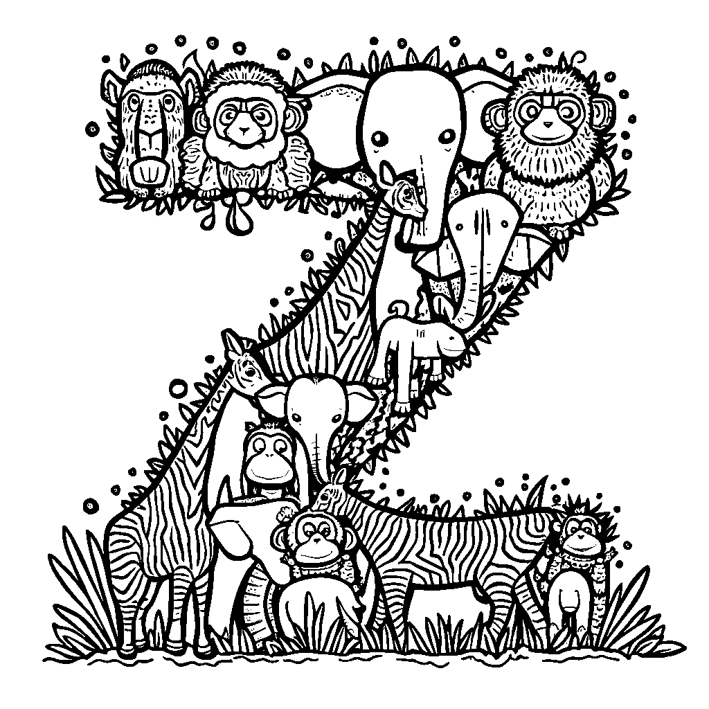 A whimsical zoo scene featuring various animals organized in the shape of the letter Z