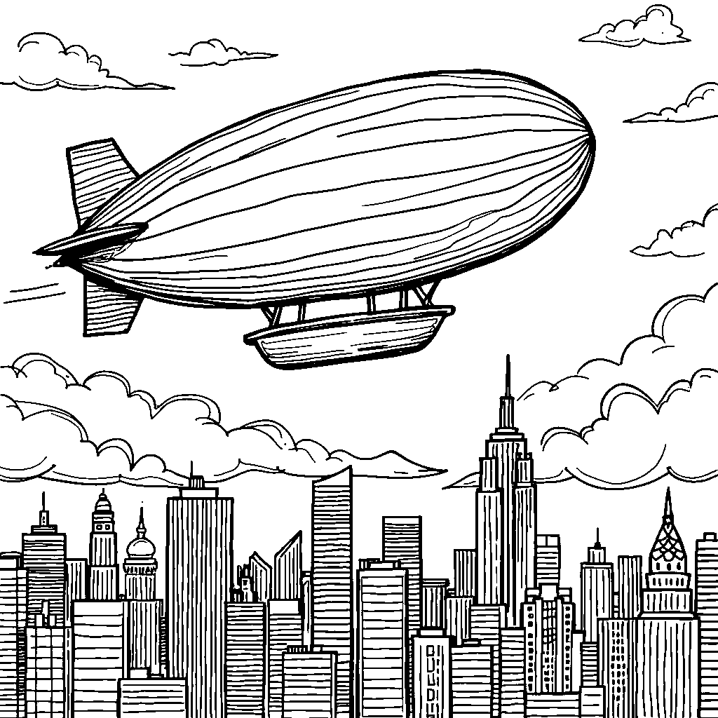 A zeppelin flying over a city skyline, with a letter Z on its side