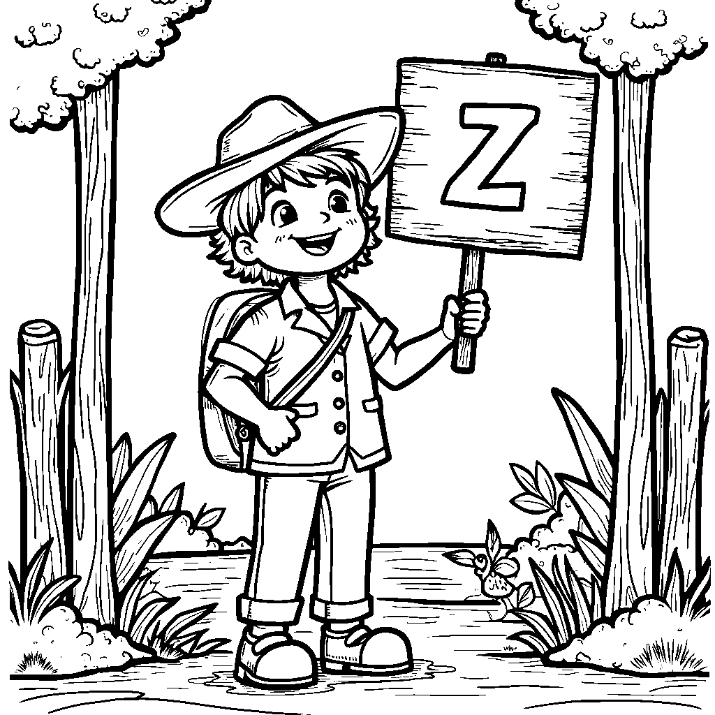 An adventurous zookeeper holding a sign with the letter Z at the entrance of a zoo