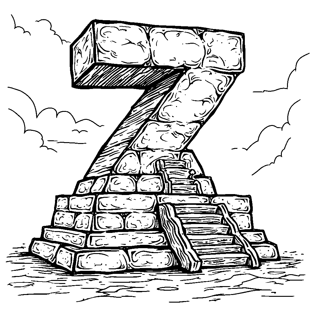 An imaginative ziggurat, an ancient pyramid-like structure, shaped like the letter Z