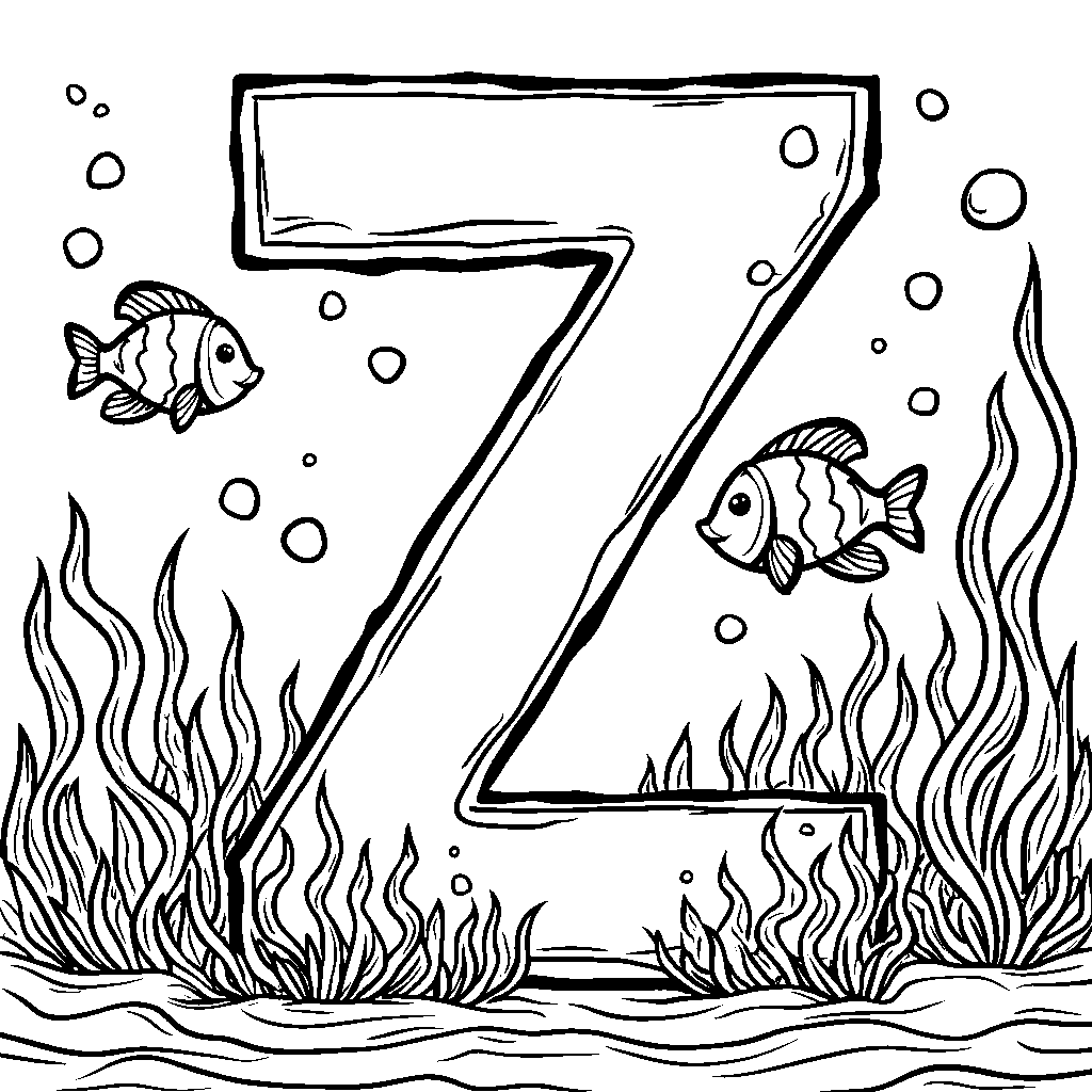 An underwater scene where fish are swimming around a giant letter Z