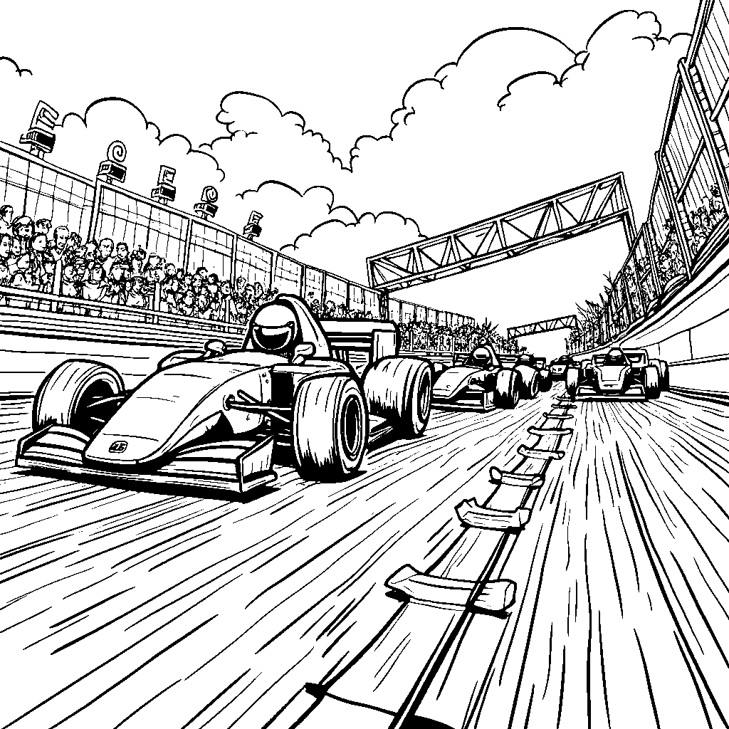 A group of zooming cars racing along a track with the letter Z as the finish line