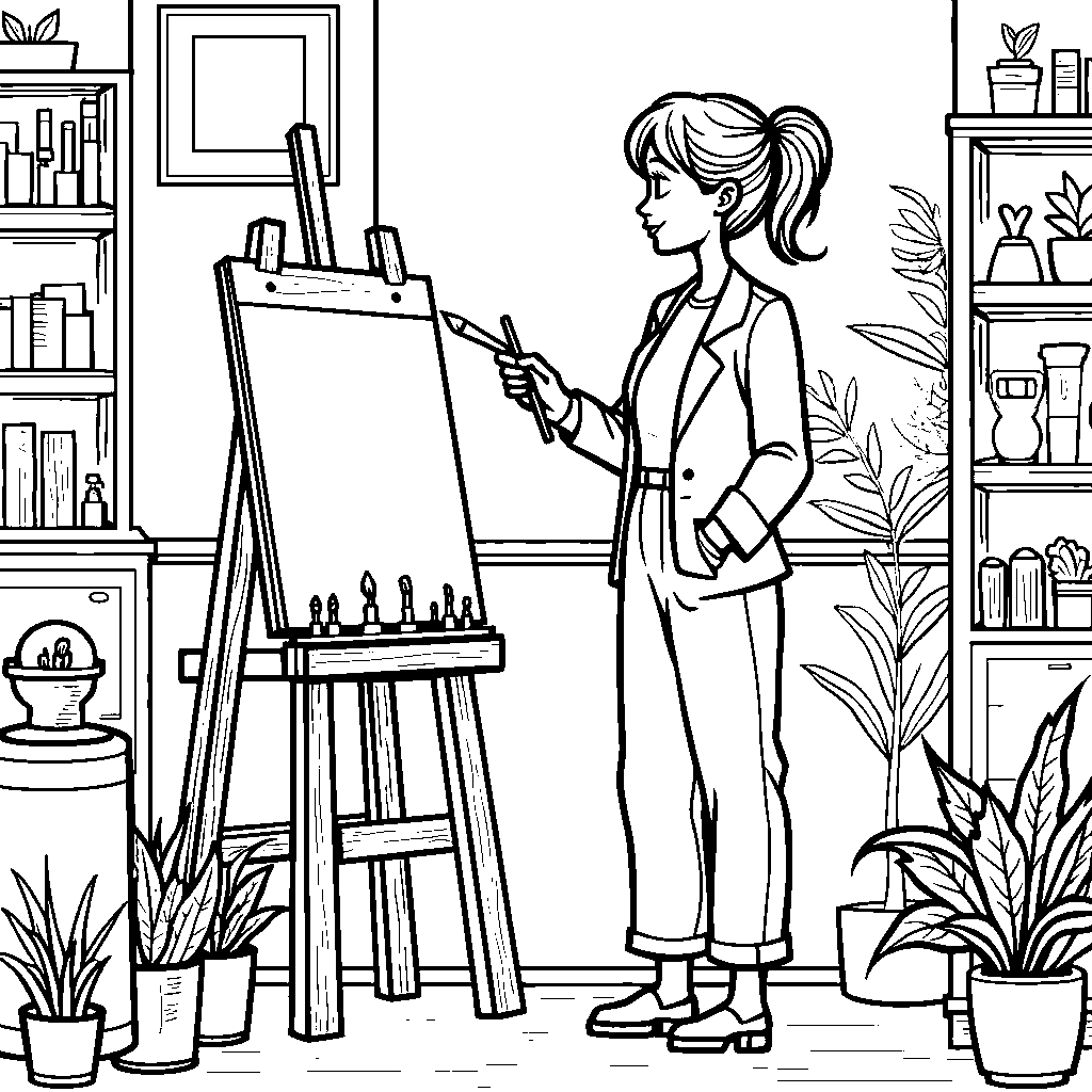 A woman holding a paintbrush and standing in front of an easel