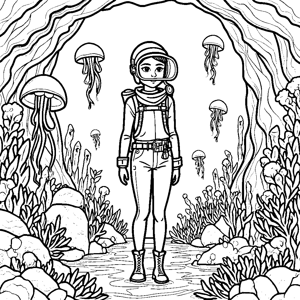 A woman in a diving suit exploring an underwater cave