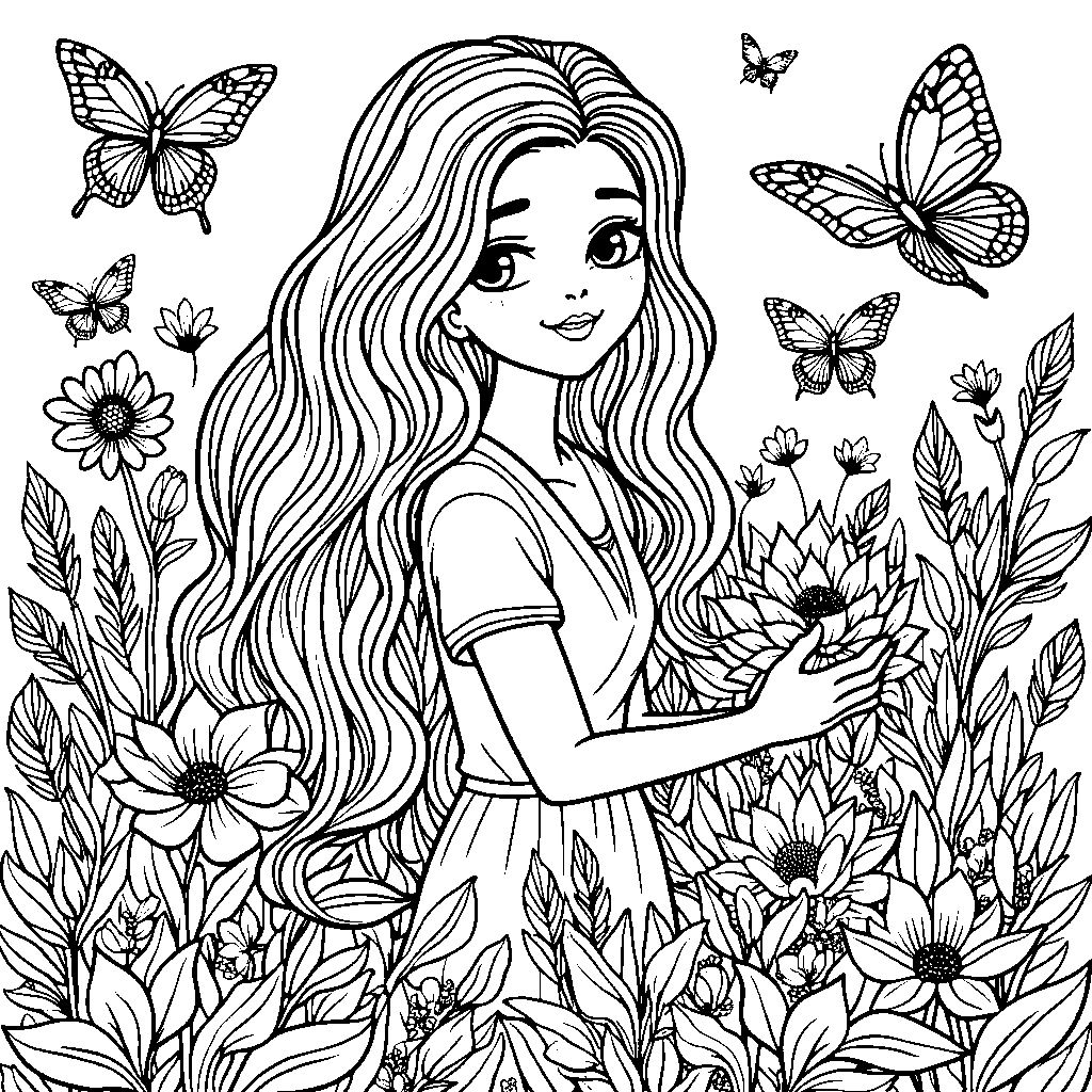 A woman in a garden surrounded by butterflies