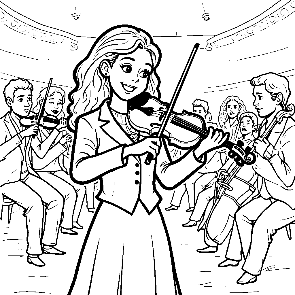 A woman playing a violin in an orchestra