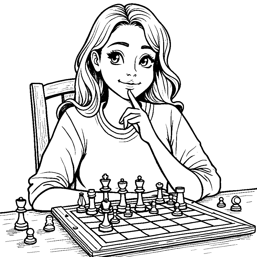 A woman playing chess with a thinking expression