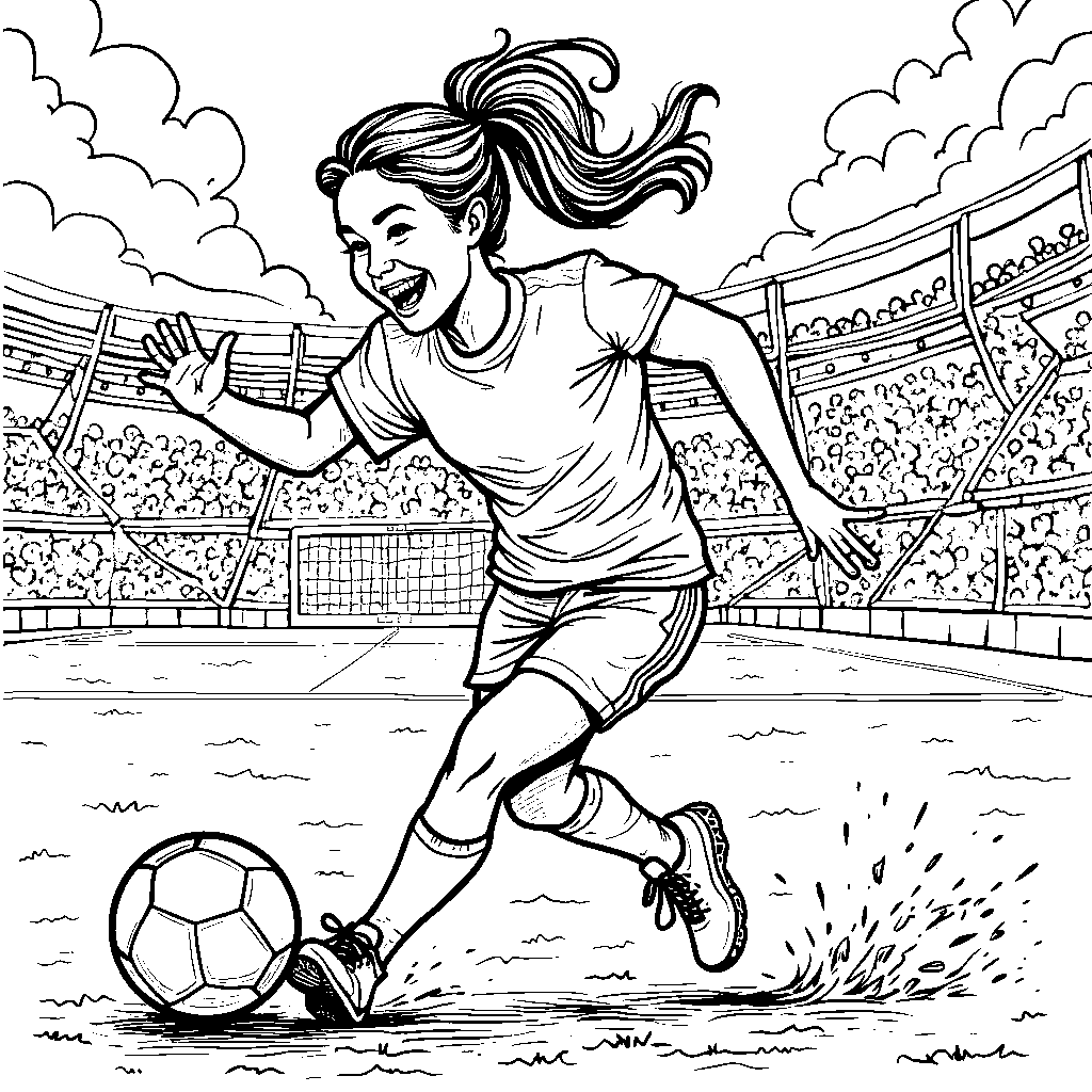 A woman playing soccer with a big smile