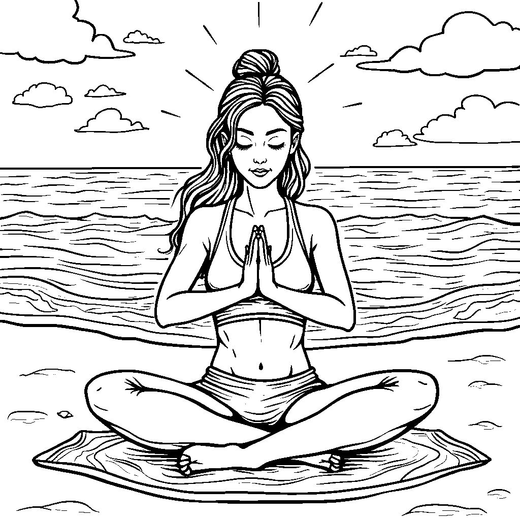 A woman practicing yoga on a beach at sunrise