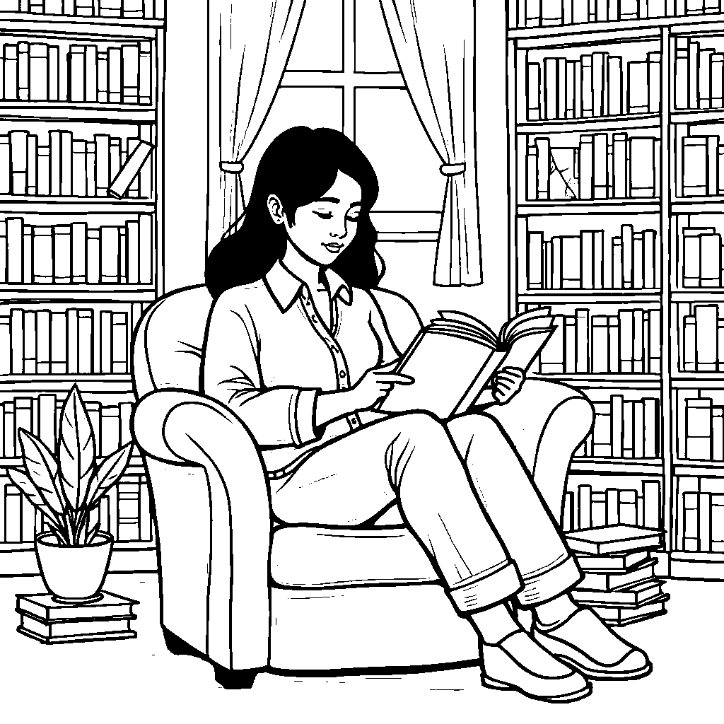 A woman reading a book in a cozy library