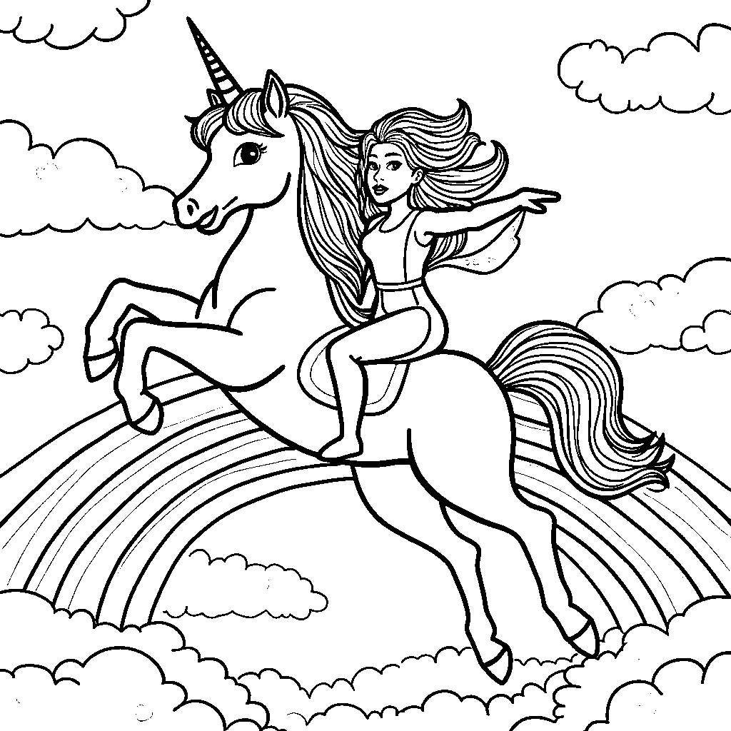 A woman riding a unicorn on a rainbow