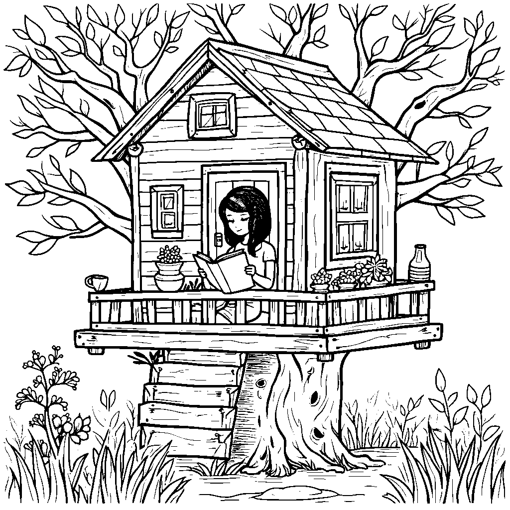 A woman sitting in a treehouse reading a book