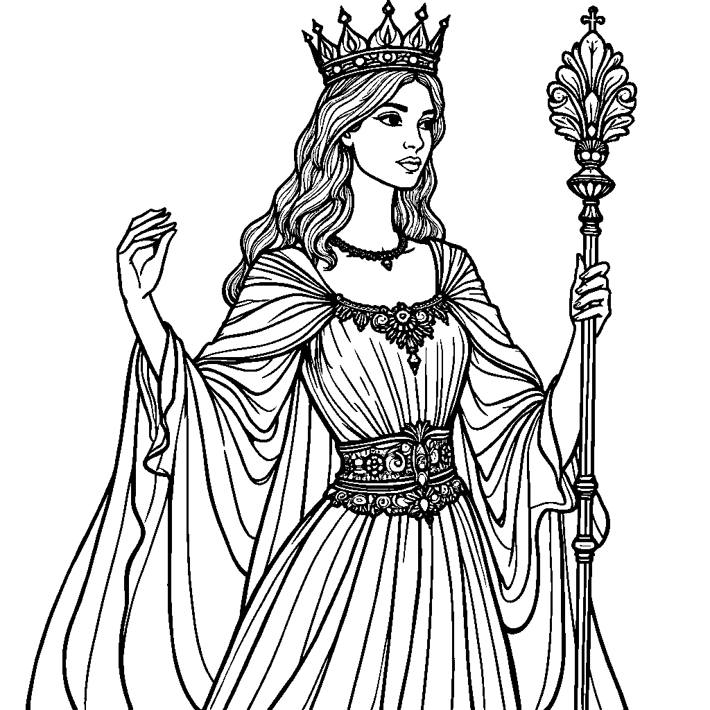 A queen wearing a crown and holding a scepter