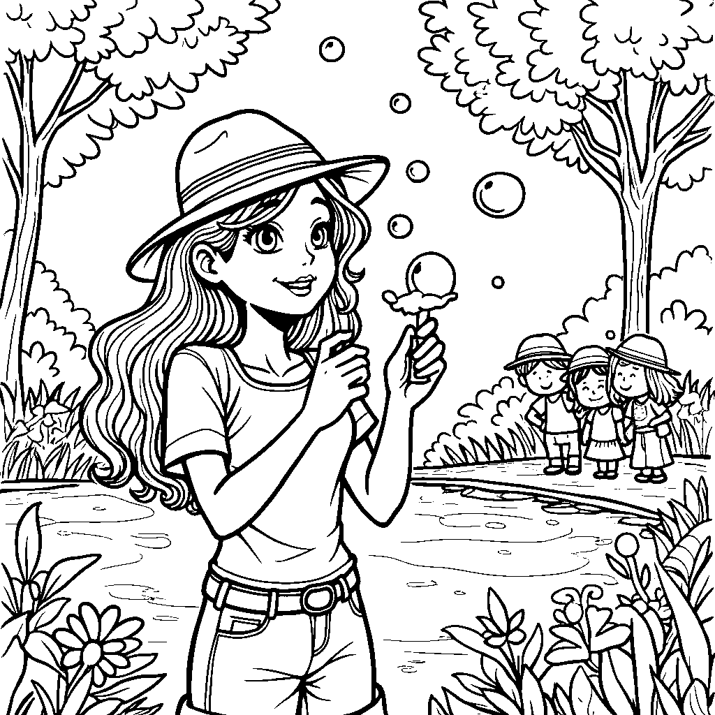 A woman blowing bubbles in a park