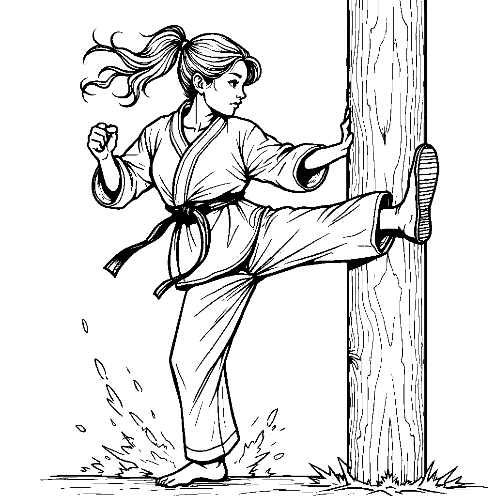 A woman in a karate uniform breaking a board