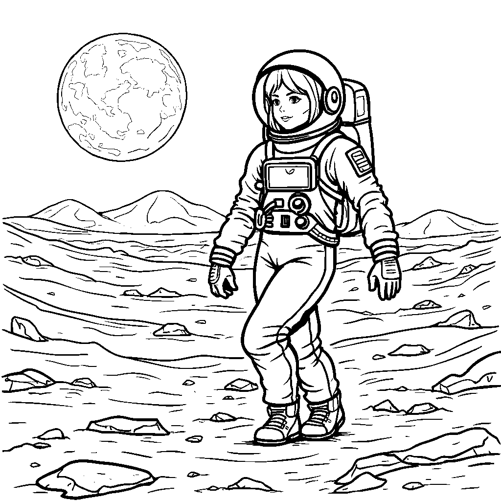 A woman in a space suit walking on the moon