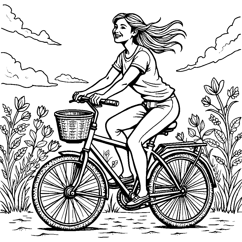 A woman riding a bicycle through a field of flowers