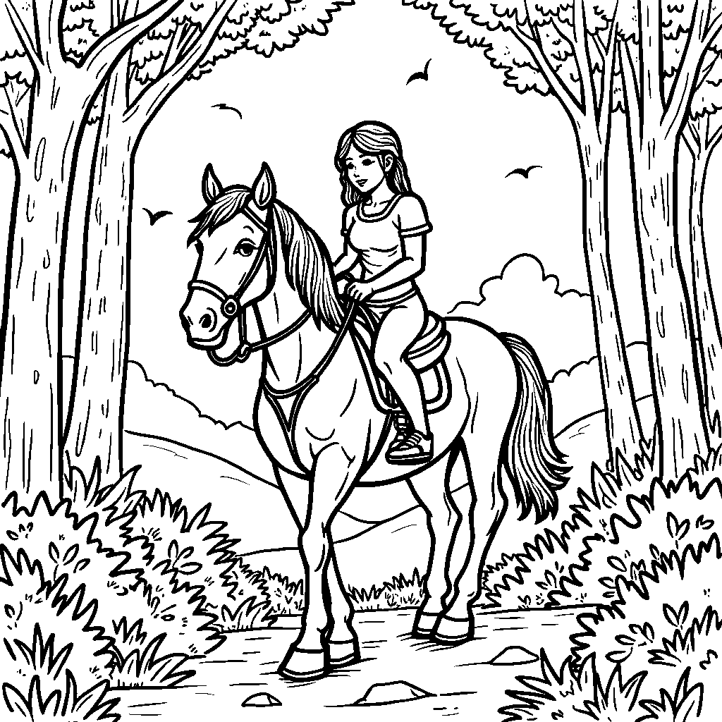 A woman riding a horse through a forest