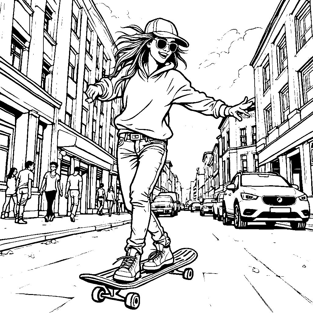 A woman riding a skateboard through a city street