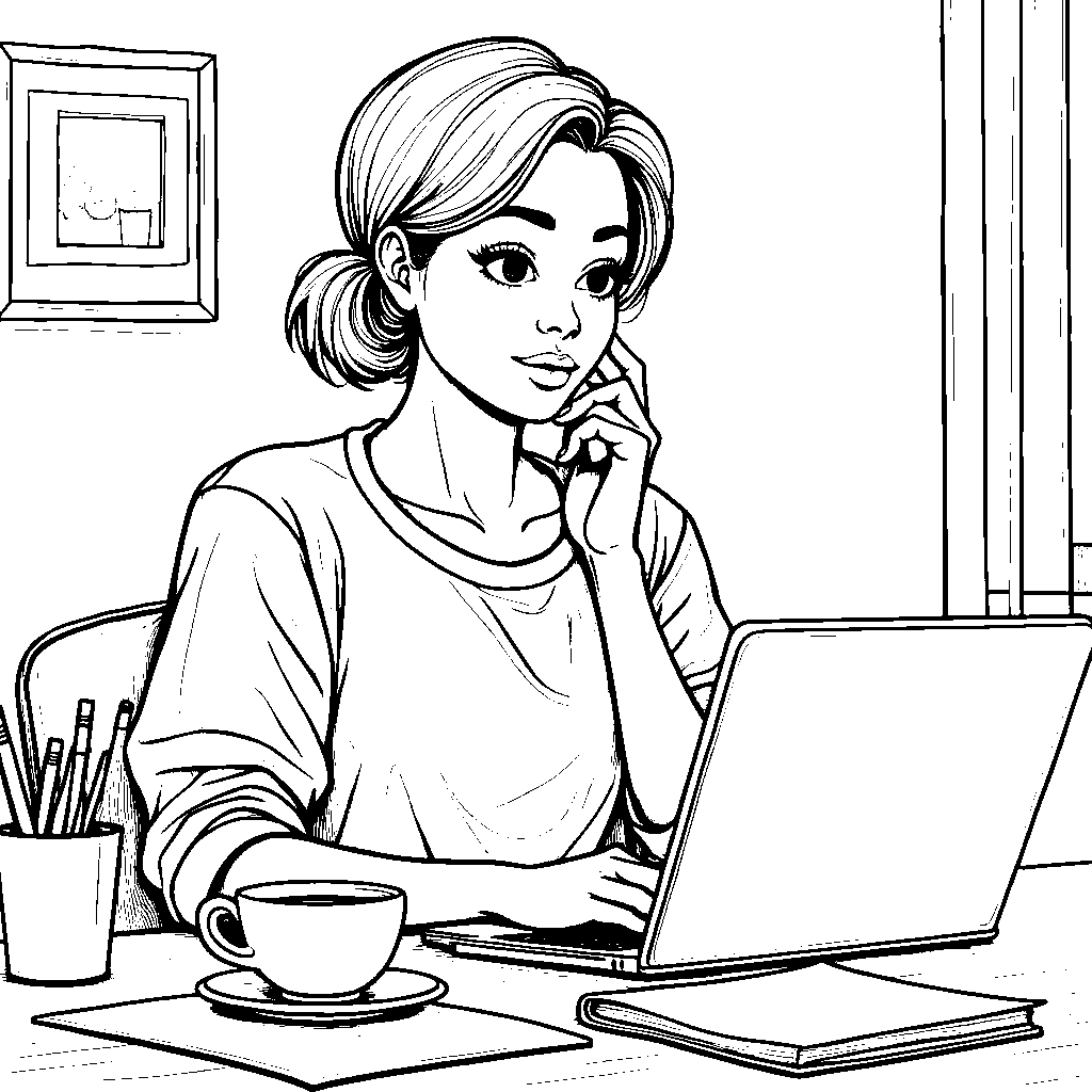 A woman sitting at a desk with a laptop and coffee