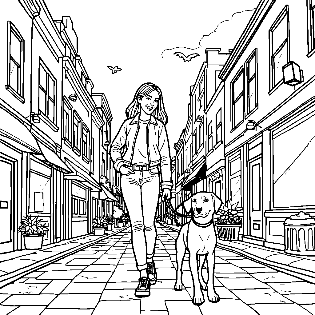 A woman walking her dog in the city