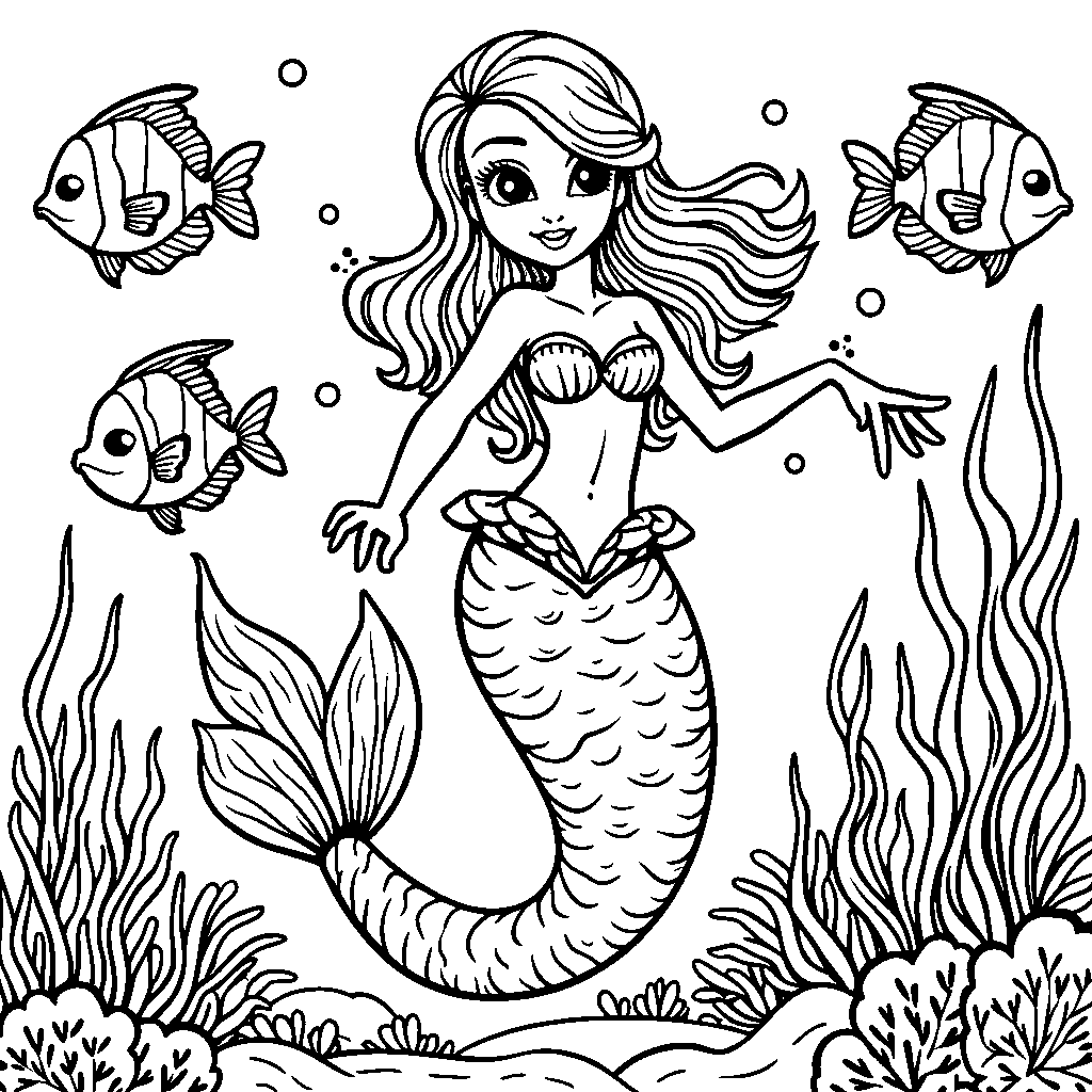 A beautiful mermaid swimming with colorful fish