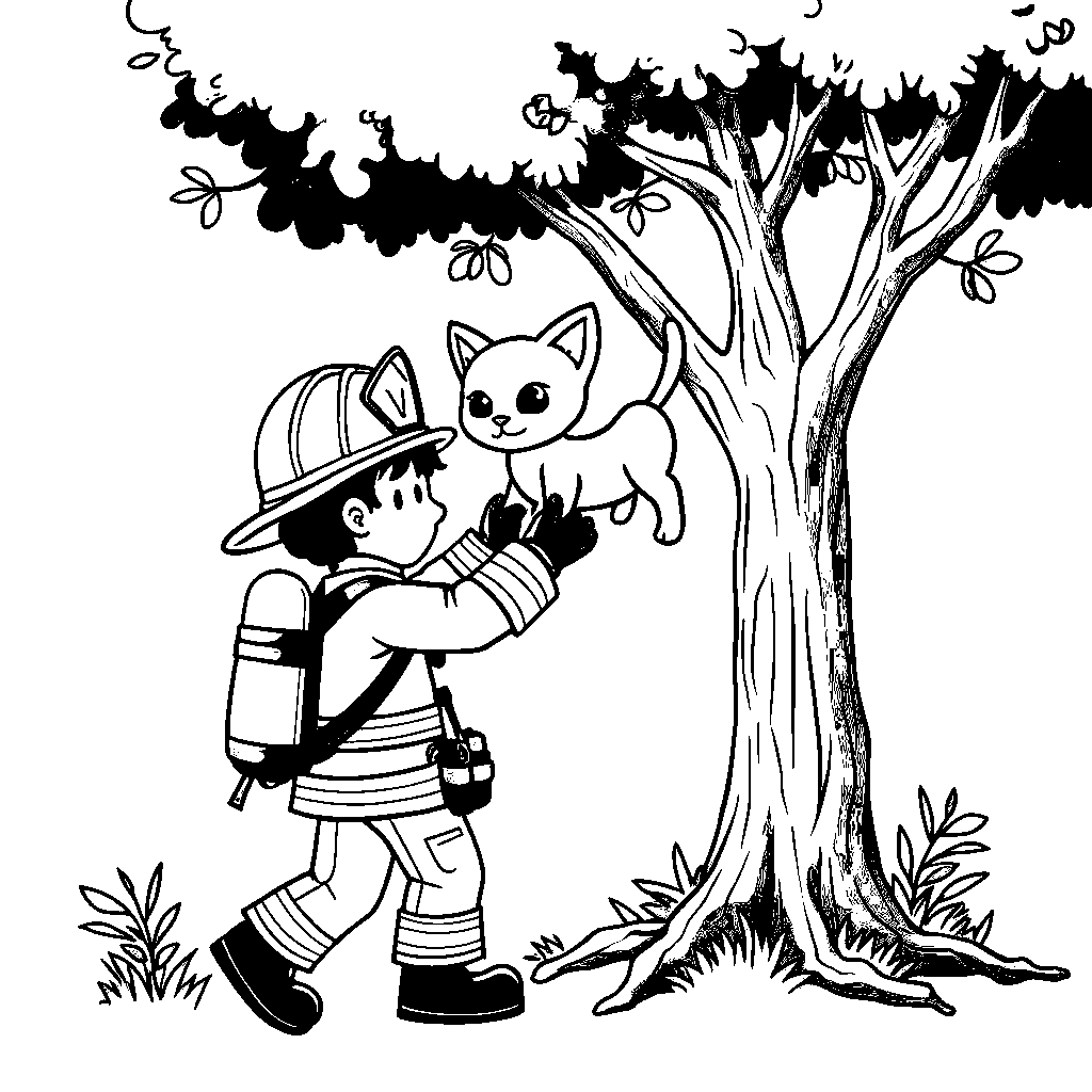 A brave firefighter rescuing a kitten from a tree