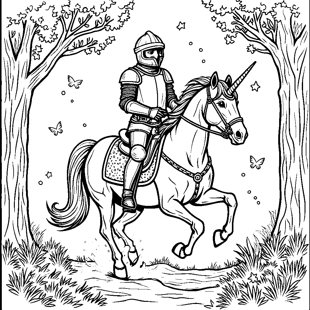 A brave knight riding a unicorn through a dark forest