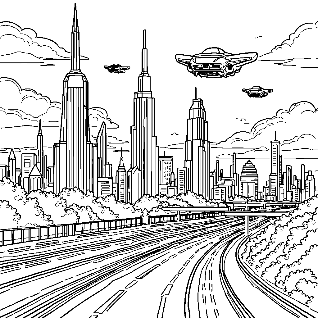 A futuristic city with towering skyscrapers and flying cars