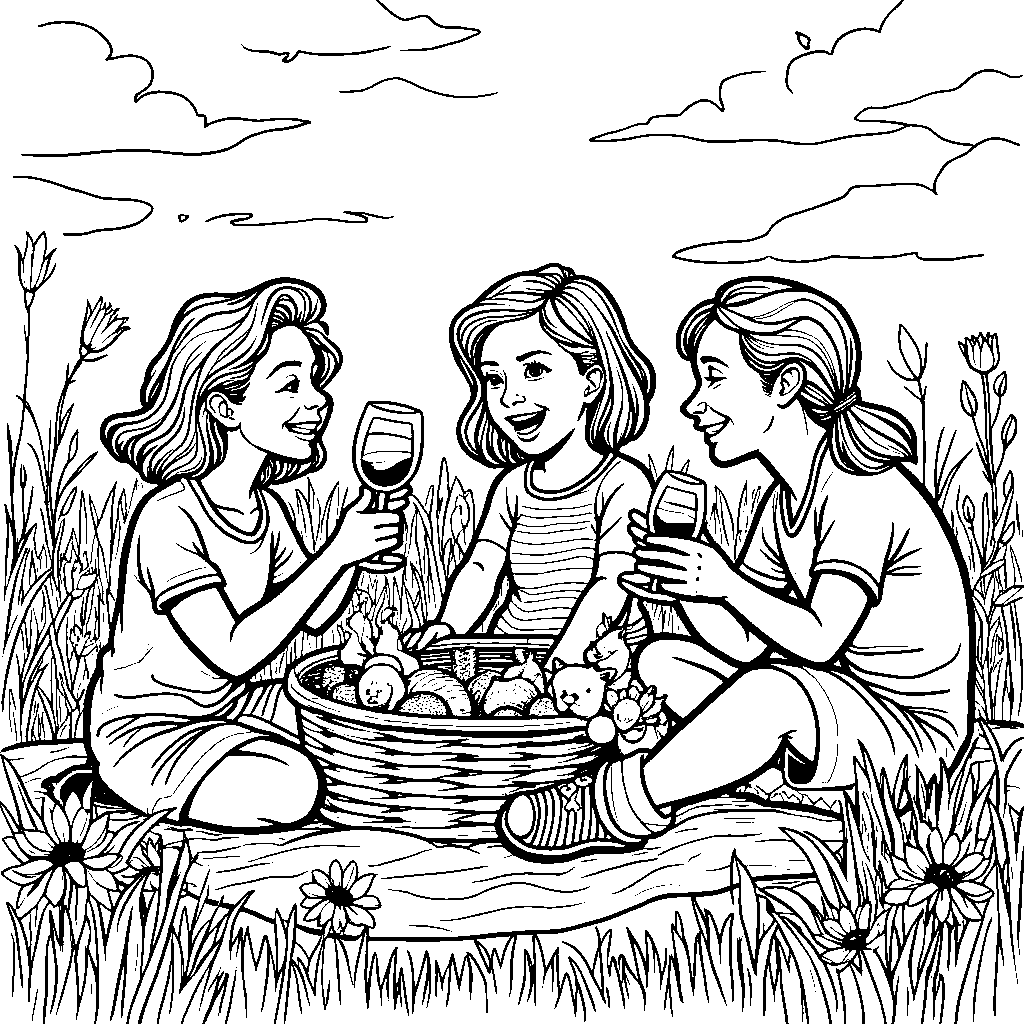 A group of friends having a picnic in a sunny meadow