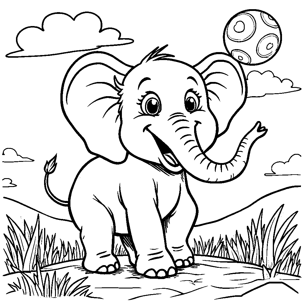 A happy elephant playing with a big red ball